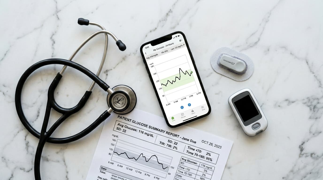 continuous glucose monitor devices and smartphone apps flat lay arrangement