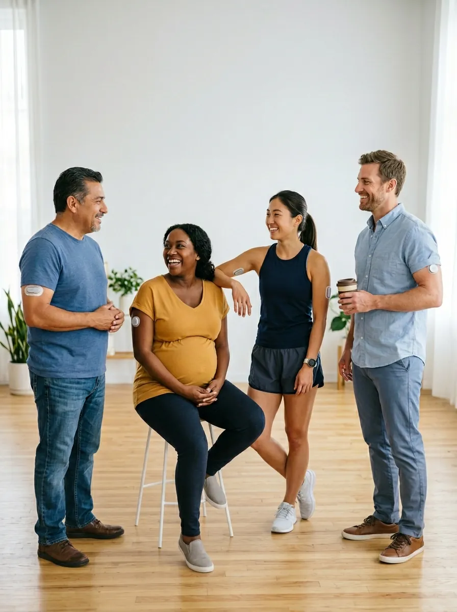 diverse group of people wearing CGM sensors for diabetes and wellness monitoring
