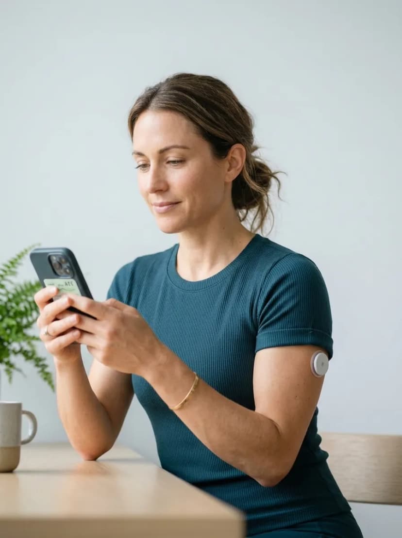 woman checking continuous glucose monitor reading on smartphone app